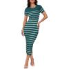 imageZESICA Womens Summer Bodycon Midi Dress Striped Short Sleeve Ribbed Knit Slim Fit Side Slit Vacation Long DressesTeal