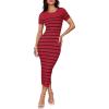 imageZESICA Womens Summer Bodycon Midi Dress Striped Short Sleeve Ribbed Knit Slim Fit Side Slit Vacation Long DressesWine