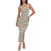 imageZESICA Womens Summer Square Neck Bodycon Midi Dresses 2025 Casual Sleeveless Ribbed Knit Striped Beach Vacation Long DressApricot