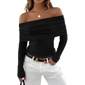imageZESICA Long Sleeve Shirts for Womens Ribbed Knit Off Shoulder Slim Fit Going Out Tops Outfits 2025 Trendy Fashion ClothesBlack