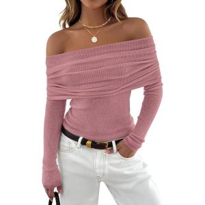 imageZESICA Long Sleeve Shirts for Womens Ribbed Knit Off Shoulder Slim Fit Going Out Tops Outfits 2025 Trendy Fashion ClothesDarkpink