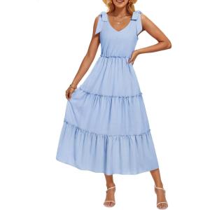 imageZESICA Womens 2025 Summer Boho Casual V Neck Sleeveless Midi Dresses Tie Shoulder Flowy Tiered A Line Beach Long SundressBlue