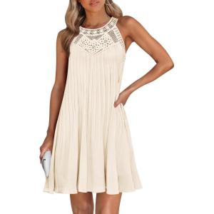 imageZESICA Womens 2025 Summer Boho Halter Short Dresses Sleeveless Hollow Out A Line Chiffon Flowy Ruffle Beach Mini SundressApricot