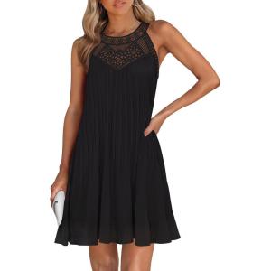 imageZESICA Womens 2025 Summer Boho Halter Short Dresses Sleeveless Hollow Out A Line Chiffon Flowy Ruffle Beach Mini SundressBlack