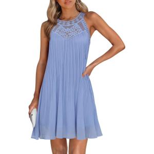 imageZESICA Womens 2025 Summer Boho Halter Short Dresses Sleeveless Hollow Out A Line Chiffon Flowy Ruffle Beach Mini SundressBlue