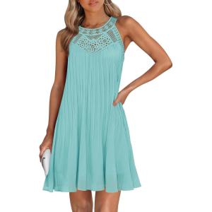 imageZESICA Womens 2025 Summer Boho Halter Short Dresses Sleeveless Hollow Out A Line Chiffon Flowy Ruffle Beach Mini SundressMint