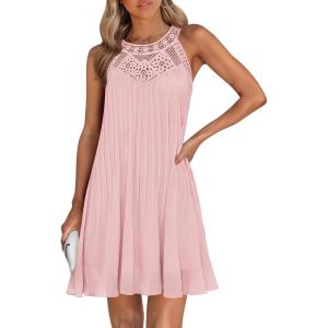 imageZESICA Womens 2025 Summer Boho Halter Short Dresses Sleeveless Hollow Out A Line Chiffon Flowy Ruffle Beach Mini SundressPink