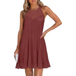 imageZESICA Womens 2025 Summer Boho Halter Short Dresses Sleeveless Hollow Out A Line Chiffon Flowy Ruffle Beach Mini SundressRust