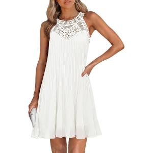 imageZESICA Womens 2025 Summer Boho Halter Short Dresses Sleeveless Hollow Out A Line Chiffon Flowy Ruffle Beach Mini SundressWhite