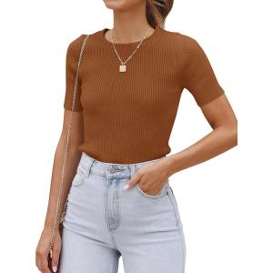 imageZESICA Womens Short Sleeve Crewneck T Shirt Summer Ribbed Knit Slim Fit Basic Solid Color Tee TopsBrown