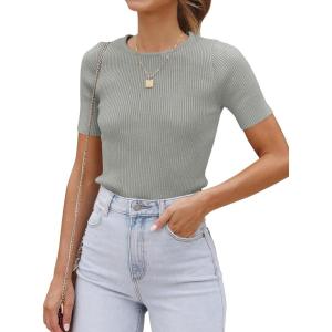 imageZESICA Womens Short Sleeve Crewneck T Shirt Summer Ribbed Knit Slim Fit Basic Solid Color Tee TopsGrey
