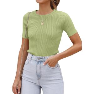 imageZESICA Womens Short Sleeve Crewneck T Shirt Summer Ribbed Knit Slim Fit Basic Solid Color Tee TopsMossgreen