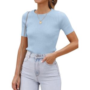 imageZESICA Womens Short Sleeve Crewneck T Shirt Summer Ribbed Knit Slim Fit Basic Solid Color Tee TopsSkyblue