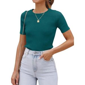 imageZESICA Womens Short Sleeve Crewneck T Shirt Summer Ribbed Knit Slim Fit Basic Solid Color Tee TopsTeal