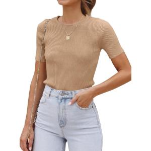 imageZESICA Womens Short Sleeve Crewneck T Shirt Summer Ribbed Knit Slim Fit Basic Solid Color Tee TopsToffee