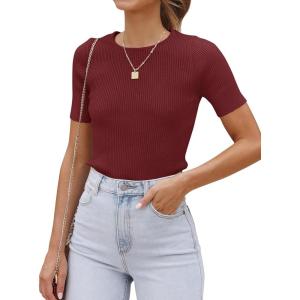 imageZESICA Womens Short Sleeve Crewneck T Shirt Summer Ribbed Knit Slim Fit Basic Solid Color Tee TopsWine