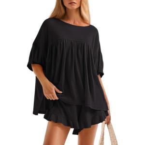 imageZESICA Womens Summer 2 Piece Outfits 2025 Ruffle Short Sleeve Tops and Shorts Casual Loose Oversized TShirts Lounge SetsBlack
