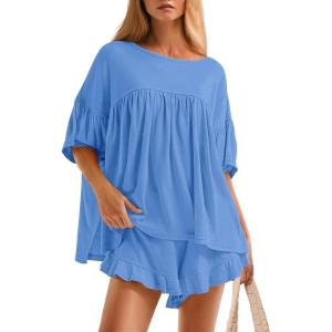 imageZESICA Womens Summer 2 Piece Outfits 2025 Ruffle Short Sleeve Tops and Shorts Casual Loose Oversized TShirts Lounge SetsBlue
