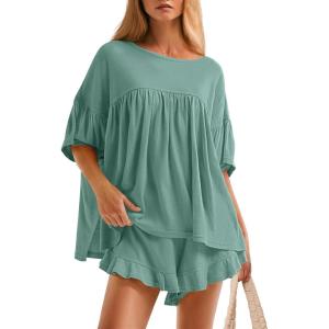 imageZESICA Womens Summer 2 Piece Outfits 2025 Ruffle Short Sleeve Tops and Shorts Casual Loose Oversized TShirts Lounge SetsGreen