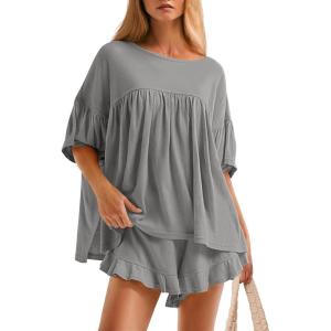 imageZESICA Womens Summer 2 Piece Outfits 2025 Ruffle Short Sleeve Tops and Shorts Casual Loose Oversized TShirts Lounge SetsGrey