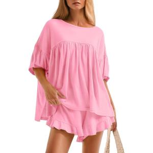 imageZESICA Womens Summer 2 Piece Outfits 2025 Ruffle Short Sleeve Tops and Shorts Casual Loose Oversized TShirts Lounge SetsPink