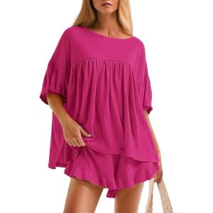 imageZESICA Womens Summer 2 Piece Outfits 2025 Ruffle Short Sleeve Tops and Shorts Casual Loose Oversized TShirts Lounge SetsRose