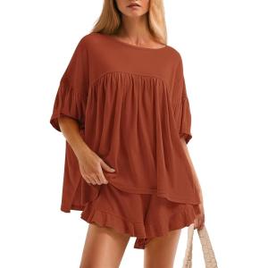 imageZESICA Womens Summer 2 Piece Outfits 2025 Ruffle Short Sleeve Tops and Shorts Casual Loose Oversized TShirts Lounge SetsRust