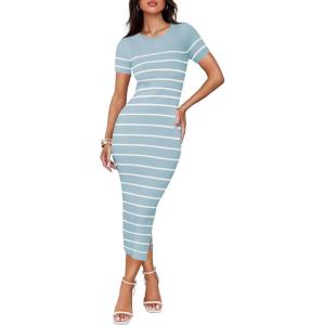 imageZESICA Womens Summer Bodycon Midi Dress Striped Short Sleeve Ribbed Knit Slim Fit Side Slit Vacation Long DressesLight Blue
