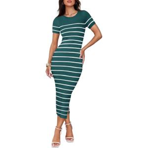 imageZESICA Womens Summer Bodycon Midi Dress Striped Short Sleeve Ribbed Knit Slim Fit Side Slit Vacation Long DressesTeal