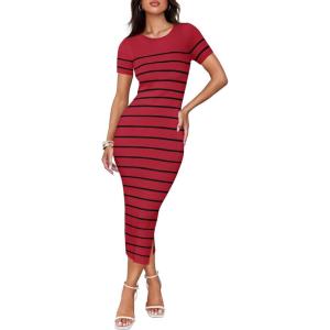 imageZESICA Womens Summer Bodycon Midi Dress Striped Short Sleeve Ribbed Knit Slim Fit Side Slit Vacation Long DressesWine