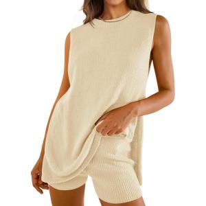 imageZESICA Womens Summer Two Piece Sweater Lounge Sets Casual Knit Trendy Tunic and Shorts OutfitsApricot