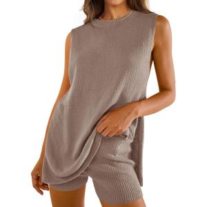 imageZESICA Womens Summer Two Piece Sweater Lounge Sets Casual Knit Trendy Tunic and Shorts OutfitsCamel