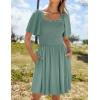 imageZESICA Womens 2025 Summer Casual Mini Dress Flutter Short Sleeve Square Neck Smocked Tiered Ruffle Flowy DressesGreen