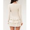 imageZESICA Womens Long Sleeve Bodycon Mini Dress Crew Neck Ribbed Knit Casual Ruffle Tiered Flowy Cocktail Party DressesApricot