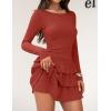 imageZESICA Womens Long Sleeve Bodycon Mini Dress Crew Neck Ribbed Knit Casual Ruffle Tiered Flowy Cocktail Party DressesRust