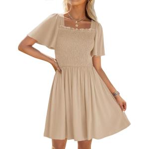 imageZESICA Womens 2025 Summer Casual Mini Dress Flutter Short Sleeve Square Neck Smocked Tiered Ruffle Flowy DressesApricot