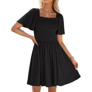 imageZESICA Womens 2025 Summer Casual Mini Dress Flutter Short Sleeve Square Neck Smocked Tiered Ruffle Flowy DressesBlack