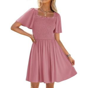 imageZESICA Womens 2025 Summer Casual Mini Dress Flutter Short Sleeve Square Neck Smocked Tiered Ruffle Flowy DressesPink