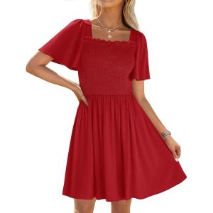 imageZESICA Womens 2025 Summer Casual Mini Dress Flutter Short Sleeve Square Neck Smocked Tiered Ruffle Flowy DressesRed