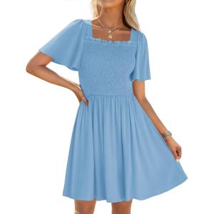 imageZESICA Womens 2025 Summer Casual Mini Dress Flutter Short Sleeve Square Neck Smocked Tiered Ruffle Flowy DressesSky