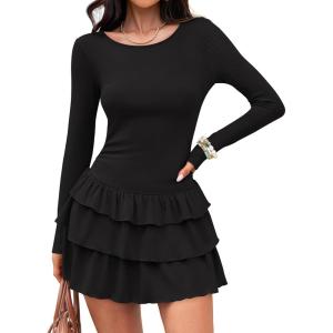 imageZESICA Womens Long Sleeve Bodycon Mini Dress Crew Neck Ribbed Knit Casual Ruffle Tiered Flowy Cocktail Party DressesBlack
