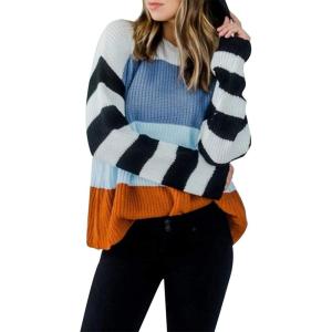 imageZESICA Womens Fall Long Sleeve Crew Neck Striped Color Block Casual Loose Knitted Pullover Sweater TopsBlue