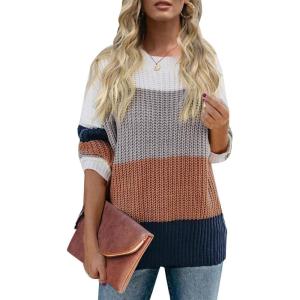 imageZESICA Womens Fall Long Sleeve Crew Neck Striped Color Block Casual Loose Knitted Pullover Sweater TopsBrown