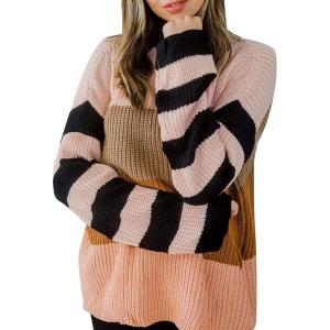 imageZESICA Womens Fall Long Sleeve Crew Neck Striped Color Block Casual Loose Knitted Pullover Sweater TopsOrange2