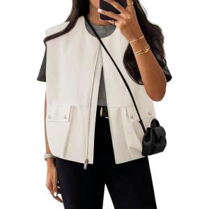 imageZESICA Womens Oversized Zip Up Cargo Vest Causal Street Ruched Hem Sleeveless Jackets TopsApricot