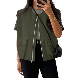 imageZESICA Womens Oversized Zip Up Cargo Vest Causal Street Ruched Hem Sleeveless Jackets TopsArmygreen