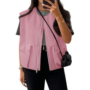 imageZESICA Womens Oversized Zip Up Cargo Vest Causal Street Ruched Hem Sleeveless Jackets TopsDustypink