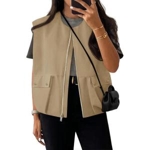 imageZESICA Womens Oversized Zip Up Cargo Vest Causal Street Ruched Hem Sleeveless Jackets TopsKhaki