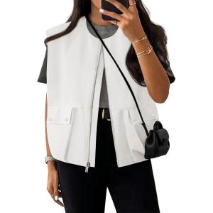 imageZESICA Womens Oversized Zip Up Cargo Vest Causal Street Ruched Hem Sleeveless Jackets TopsWhite