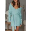 imageZESICA Womens Fall Long Batwing Sleeve Wrap V Neck Knitted Backless Bodycon Pullover Sweater Dress with BeltAqua